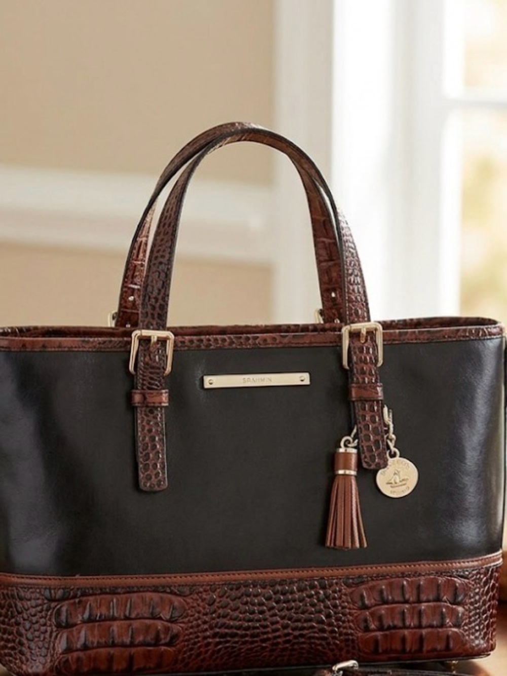 Brahmin Black Leather & Brown Croc Embossed Mini Asher Satchel Bag with Tassel
